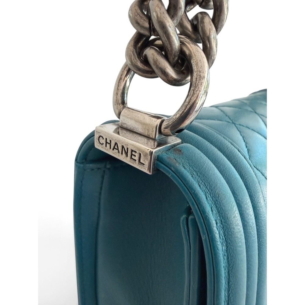 Chanel Boy Bag Small Teal Quilted Leather Ruthenium Chain Flap Crossbody - Picture 9 of 15